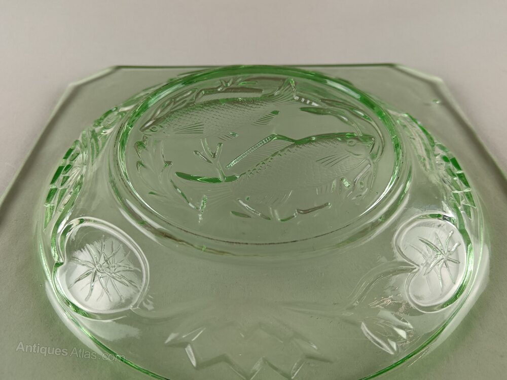 Matrix. Login Example Antiques Atlas - Art Deco Green Glass 'Fish & Water Lily' Plate. as1148a308
