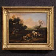 Antique Flemish Bucolic Landscape Painting 