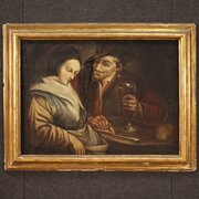 Antique Flemish Painting Interior Scene 
