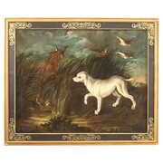 Antique French Landscape Painting 18thc Hunting Dog
