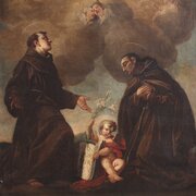 Antique Italian Painting Of Adoration Of Friars 