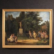 French Genre Scene Painting Park With Children