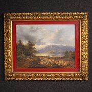 Italian Landscape With Wayfarers, Oil On Canvas 