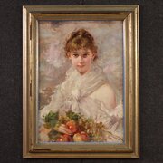 Signed Italian Painting Portrait Of A Young Girl