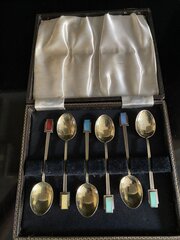 Art Deco Cased Set 6  Silver Gilt & Enamel Spoons 