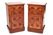 Pair Victorian Burr Walnut 4 Drawer Bedside Chests