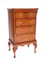 Queen Anne Style Burr Walnut 5 Drawer Chest Circa 