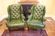 A Pair Of 19thc. Leather Wing Armchairs