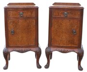 Antique C.1920 Pair Of Burr Walnut Bedside Tables 