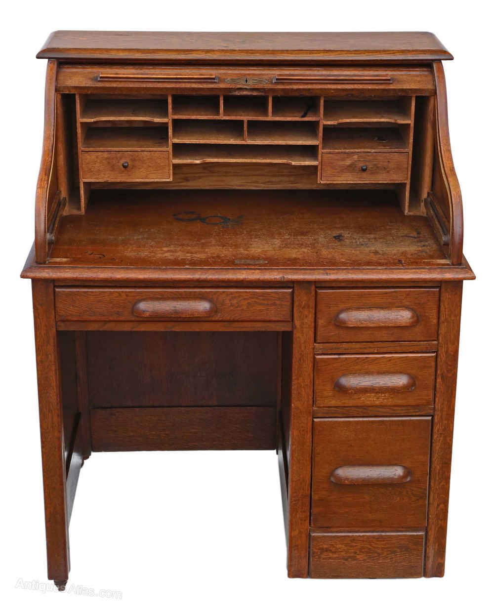 Single Pedestal Oak Roll Top Desk Writing Table - Antiques Atlas