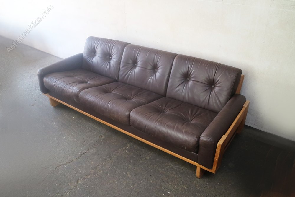 1970 S Danish Mid Century Leather Sofa With Oak Fr