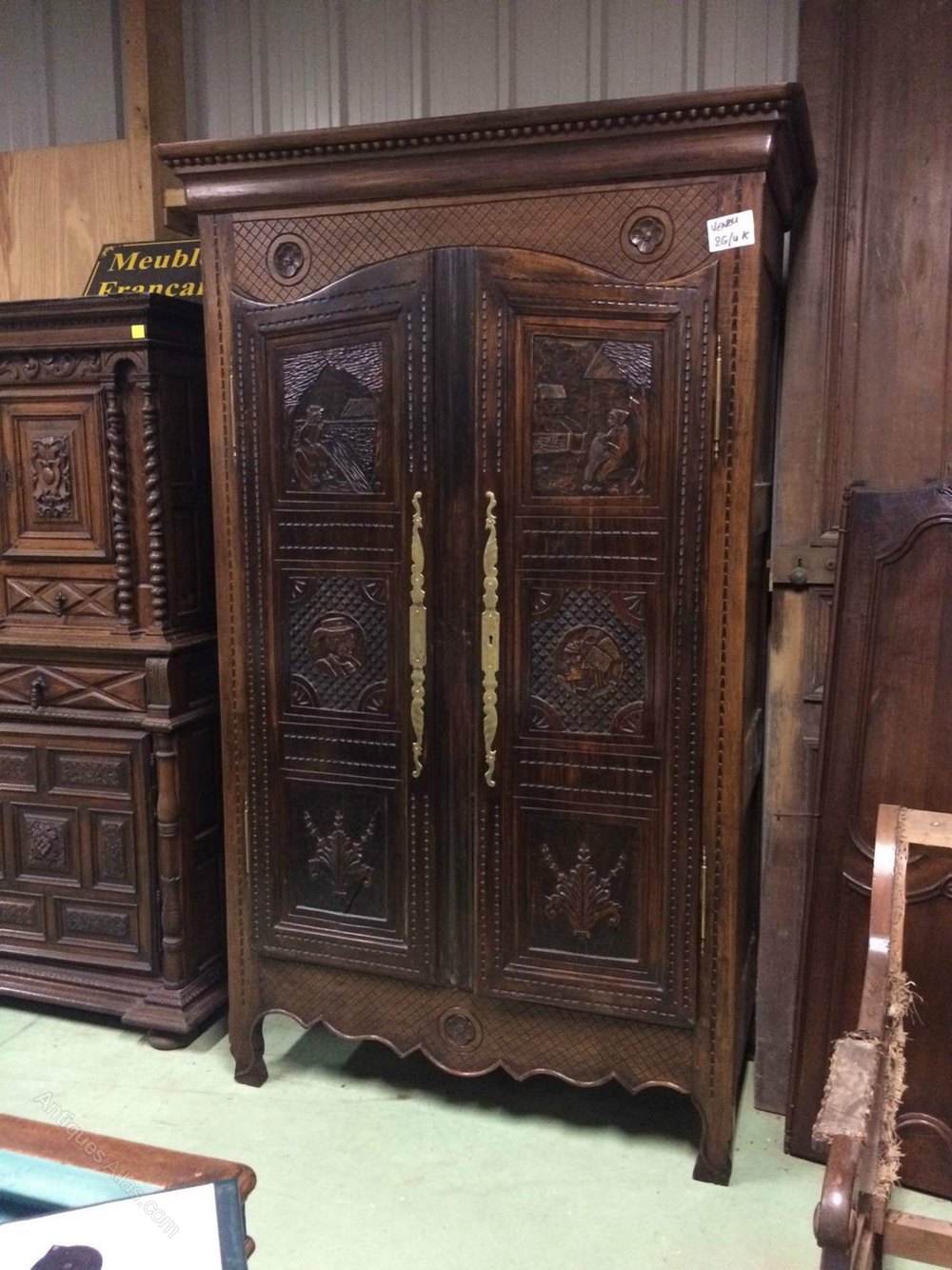 Highly Carved Breton 2 Door Armoire 1880 Oak Brass Antiques Atlas