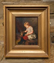 19th Century Oil Painting On Oak Panel Girl & Rabbit