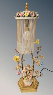 Antique French Porcelain Cherub Lamp Beaded Shade 
