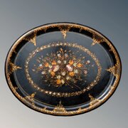 Antique Hand Painted Tray Papier Mache & Mother Of Pearl
