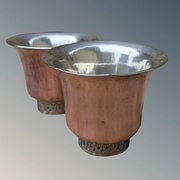 Antique Pair Tibetan Copper & Silver Drinking Cups