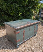 Beautiful Painted Pine Chest With Hand Forged Iron
