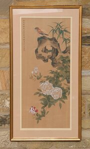Large Chinese Watercolour On Silk Depicting Birds 