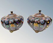 Pair Japanese Meiji Cloisonne Lidded Gourd Pots