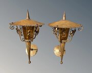 Stylish Pair Gilt Arts And Crafts Wall Lanterns