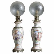 Chinese Canton Famille Rose Oil Lamp Pair, 19th C