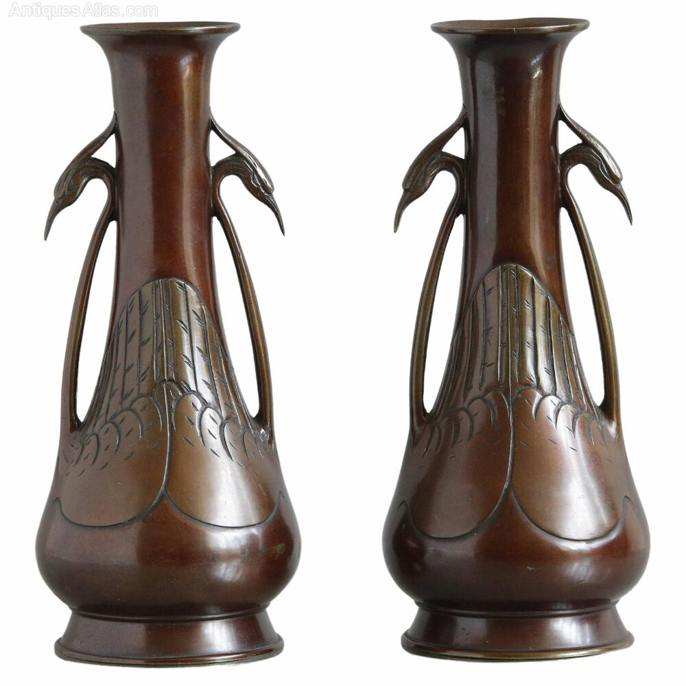 Antiques Atlas - Pair Japanese Bronze Egret Handle Vases, C1890