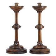 A Pair Of Oak Candlestick Holders Arts And Crafts 
