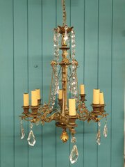 Circa 1900 Eight Arm Brass & Glass Chandelier 21"