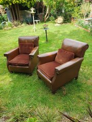 Early 20th Century Pair Brown Leather Chairs