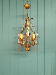 French Gilt Metal Chandelier With Pink Drops 13"