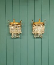 Pair Of Antique Crystal Bag Wall Lights