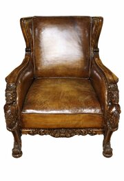 19th Century Carved Oak & Leather Wing Armchair