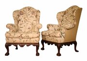 19thc Pair Large Walnut Framed Wingback Armchairs