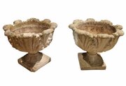 Pair Of Cast Stone Leaf Decorated Garden Urns 