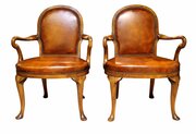 Pair Of Walnut Framed Leather Upholstered Armchair