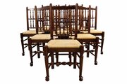 Set Of 8 Oak Spindle Back Dining Chairs Including 