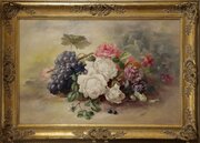 Still Life Of Flowers And Grapes, Oil On Canvas