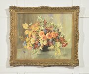 Oil On Canvas Still Life With Autumn Flowers 