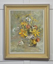 Oil On Canvas Still Life With Yellow Flowers 