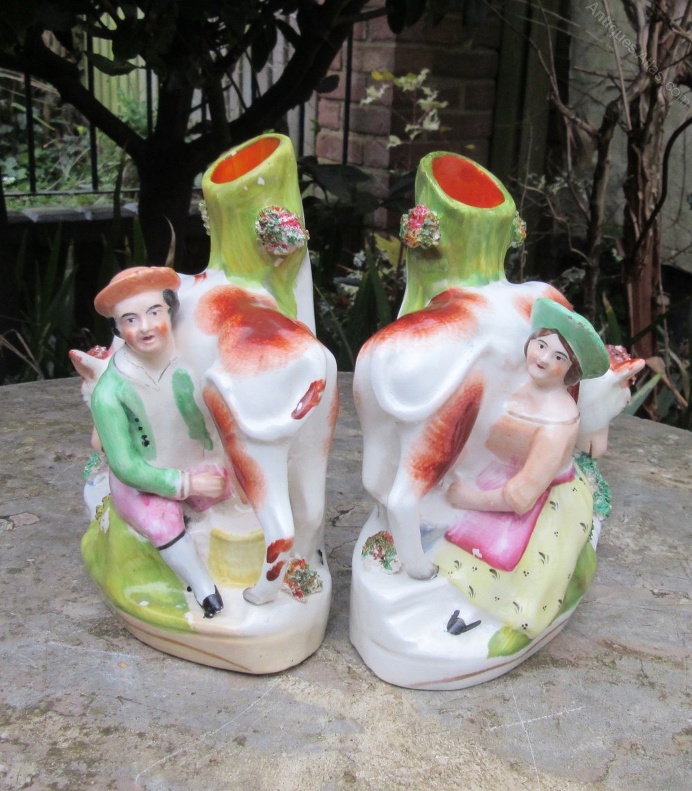 Antiques Atlas Pair Of Staffordshire Cow Milking Figures C1860