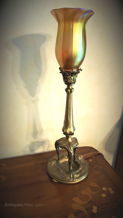Art Nouveau Brass Table Lamp, Glass Art Nouveau Loetz Glass Table Lamp A