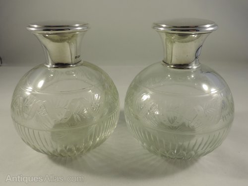 Antiques Atlas Pair Of Etched Glass Silver Topped Scent Bottles