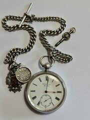 JW Benson Silver Pocket Watch Double Albert Fobs 