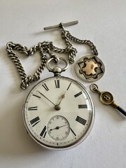 Silver Pocket Watch With Albert Chain & Fob 1865