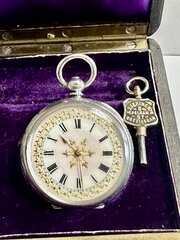 Swiss Silver Victorian Fob Watch Original Box 1890s