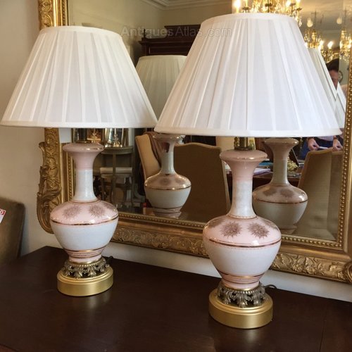 Reduced Pair Of Pink White And Gold Gl Lamps Reduced Pair Of Pink White And Gold Gl Lamps