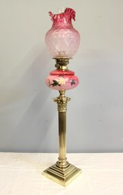 Antique Tall Pink & Cranberry Glass Oil Lamp