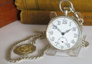 Antique Silver Pocket Watch, Chain & Military Fob