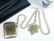 Victorian Silver Double Pocket Watch Chain & Vesta