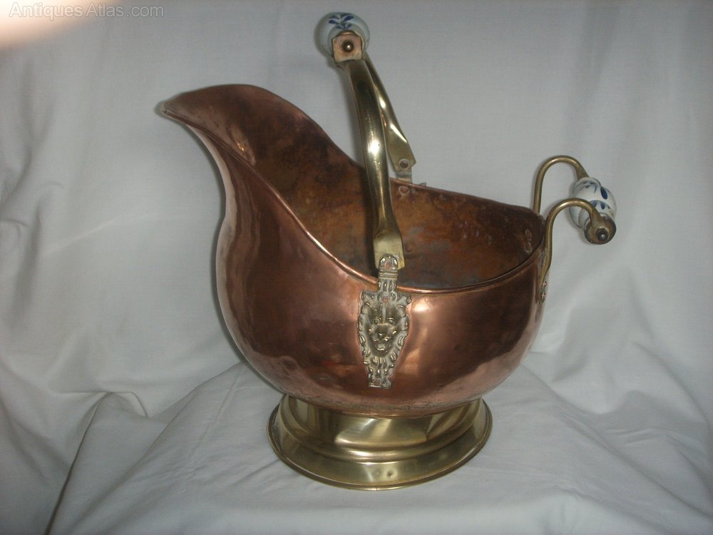 Antiques Atlas Dutch Copper & Brass Coal Scuttle.Delft Handles